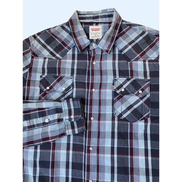 Levi's Western Pearl Snap Plaid Shirt Men Size L Blue Long Sleeve Rodeo Cowboy